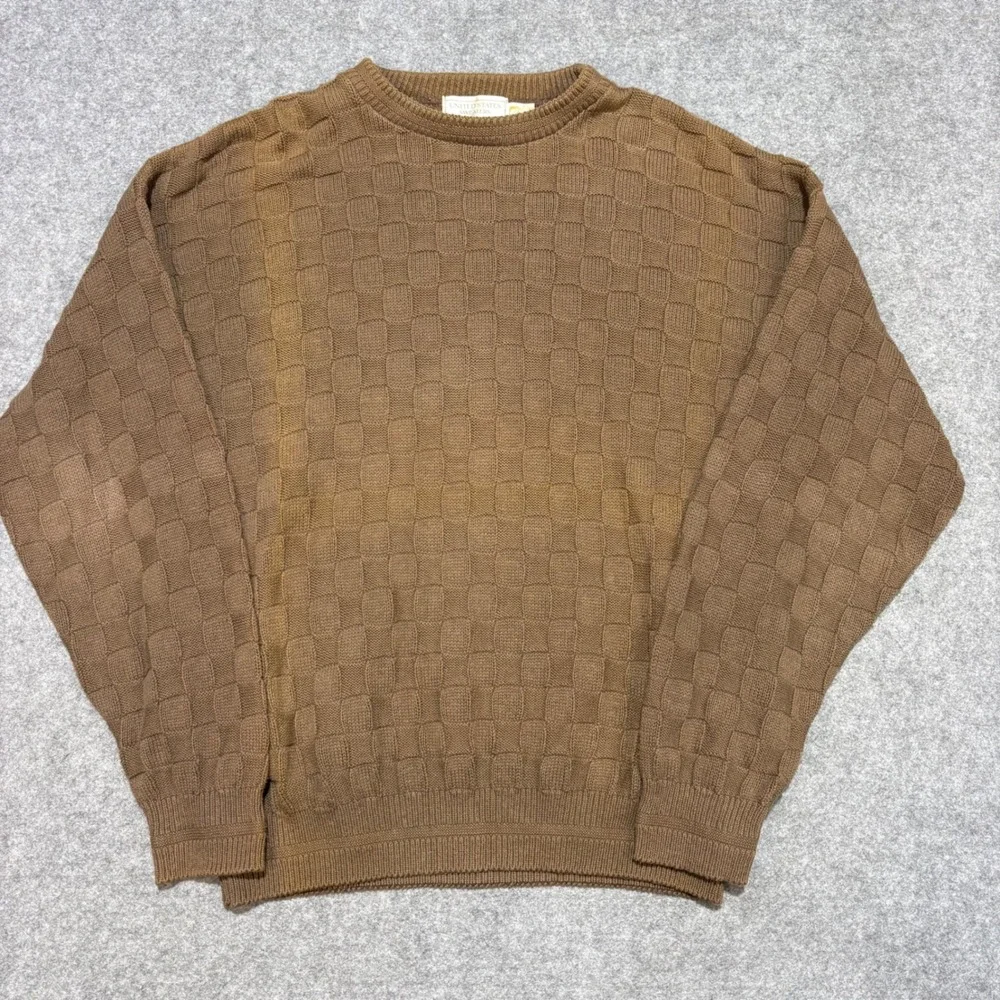 United States Sweaters Mens Large Brown Cotton Basketweave Crewneck USA Made